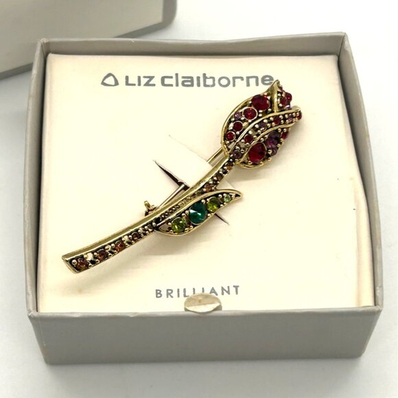 Liz Claiborne Vintage Rosebud Brooch Gold-tone Rhinestones in Original Box - Picture 3 of 16